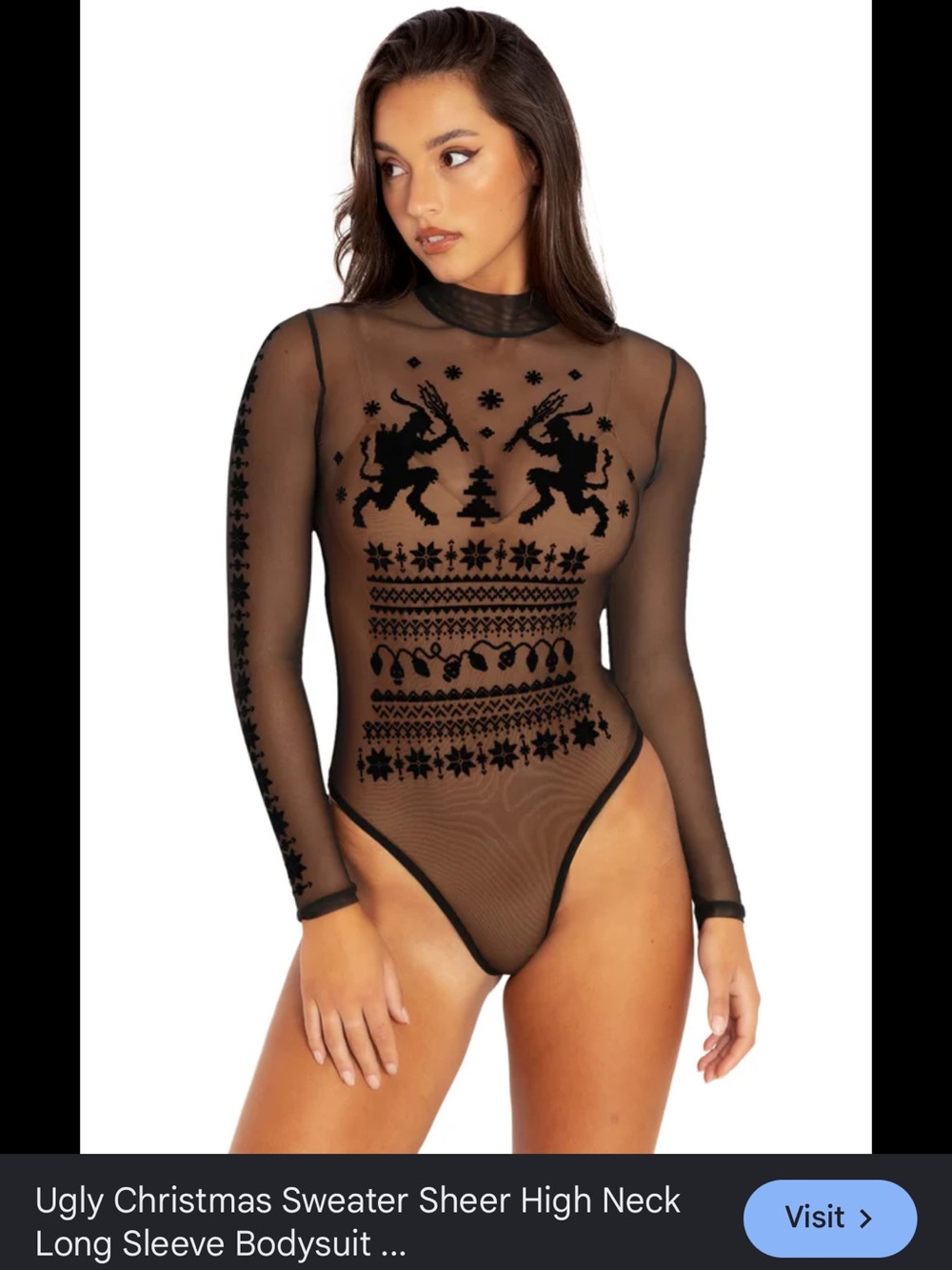 Blackmilk Black Sheer Long-Sleeve Christmas Bodysuit